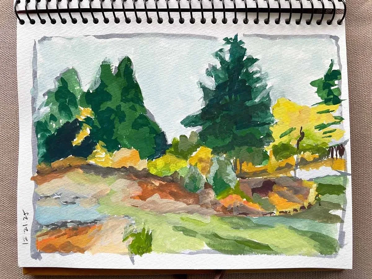 Watercolor painting of a landscape with green trees, yellow foliage, and hills, with small figures of people in the distance.