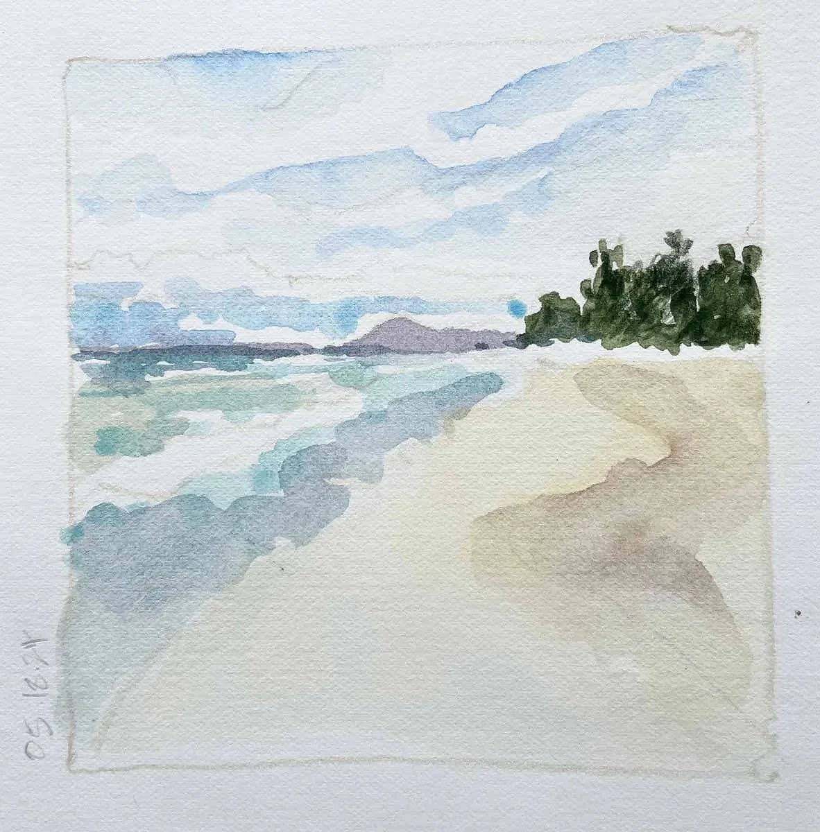 A watercolor painting of a beach scene with sand in the foreground, ocean waves, and a distant landmass with trees and islands under a cloudy sky.