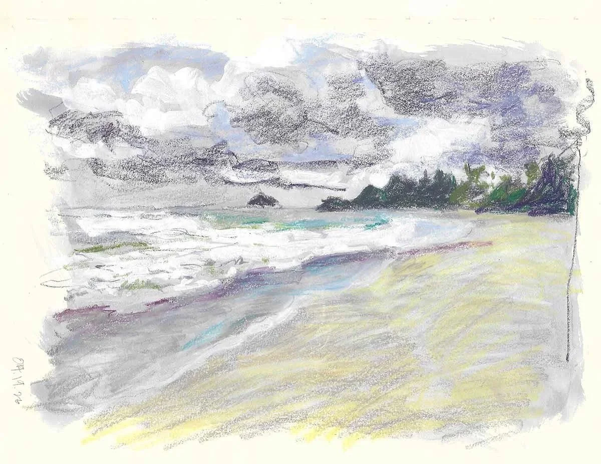 A watercolor painting of a cloudy beach scene with waves crashing onto the sandy shore, and a distant tree line under a gray sky.