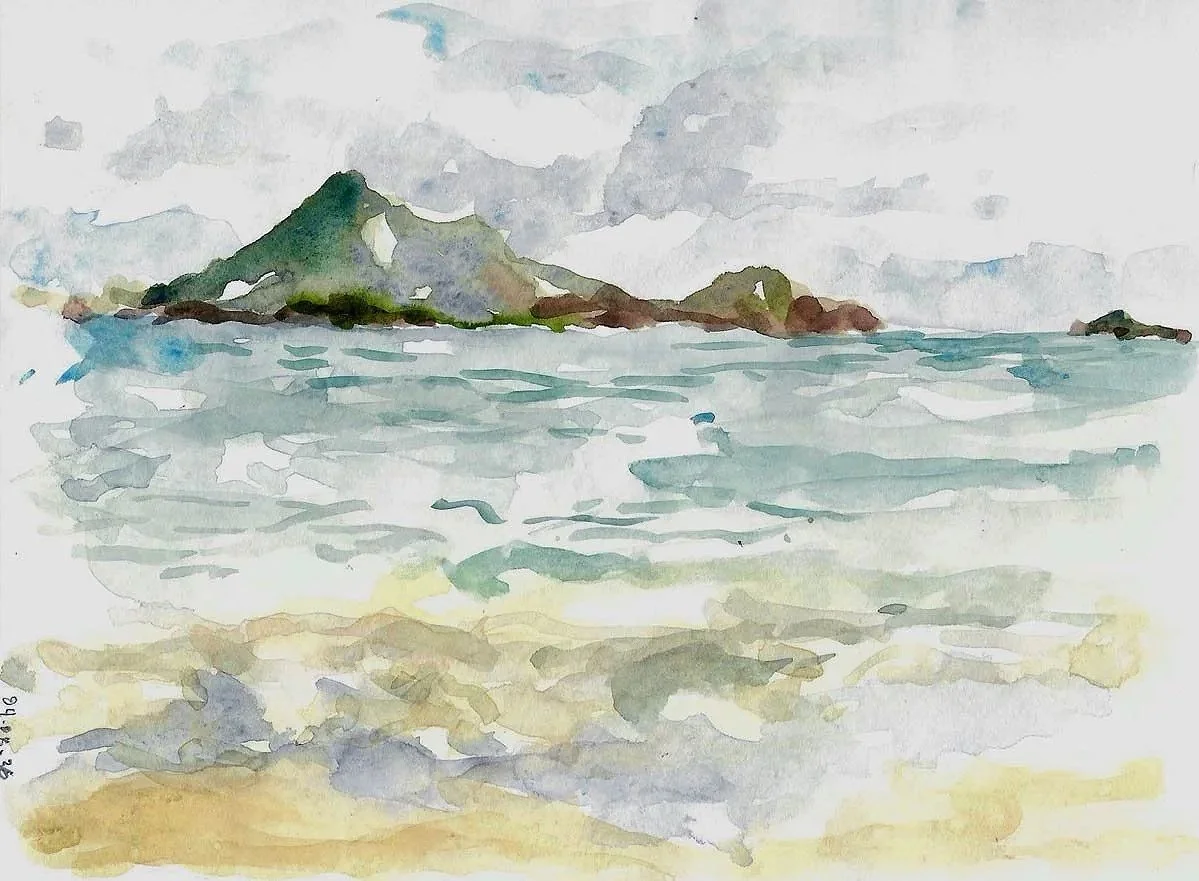 Watercolor painting of a coastal scene with a mountain and rocky shoreline in the distance, ocean waves in the middle ground, and sandy beach in the foreground.