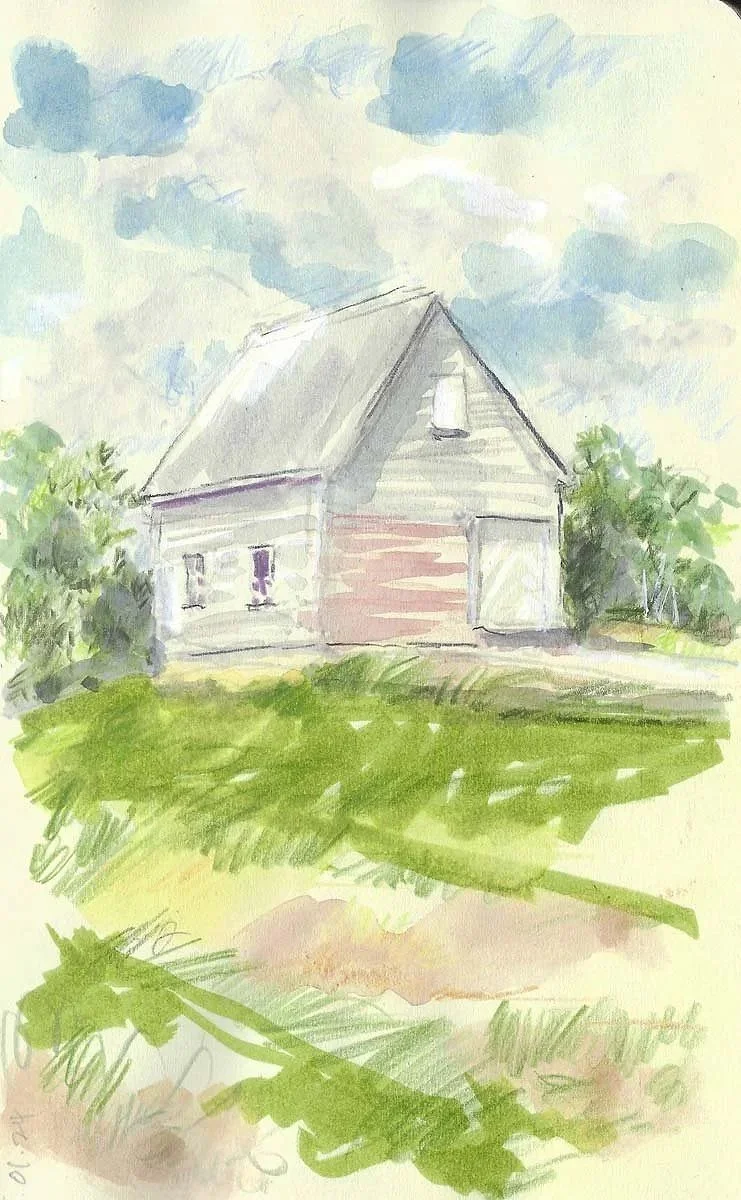 Watercolor painting of a rustic house with a sloped roof, surrounded by greenery and trees under a partly cloudy sky.