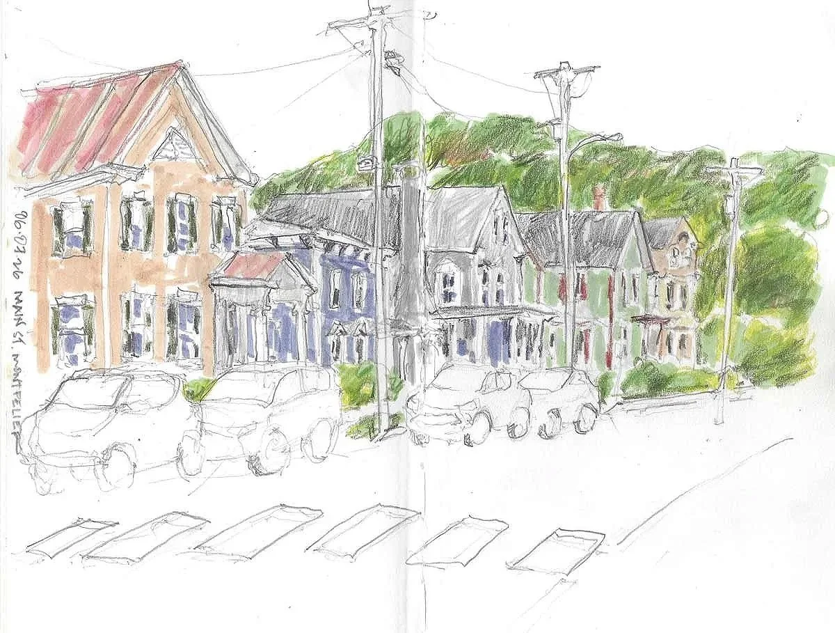 A colorful sketch of a row of houses with trees and parked cars along the street, with utility poles and wires, and a hill in the background.