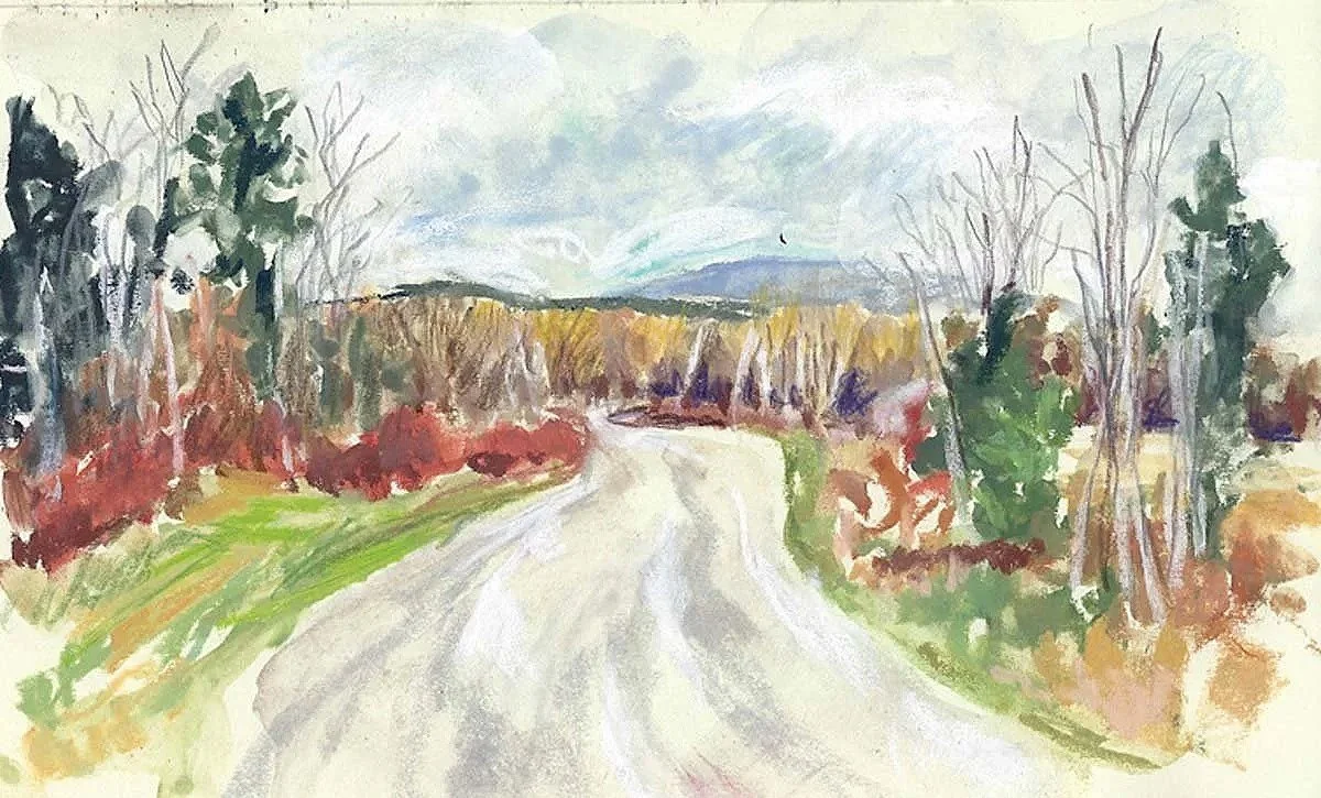 Watercolor painting of a dirt road winding through trees and bushes in autumn, with rolling hills in the background and a cloudy sky overhead.