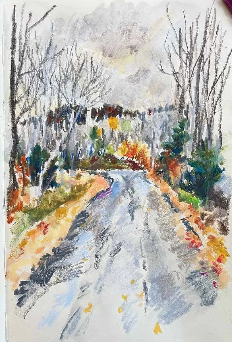 A watercolor painting of a winter scene with a dirt path lined by leafless trees on both sides, colorful bushes, and a cloudy gray sky.
