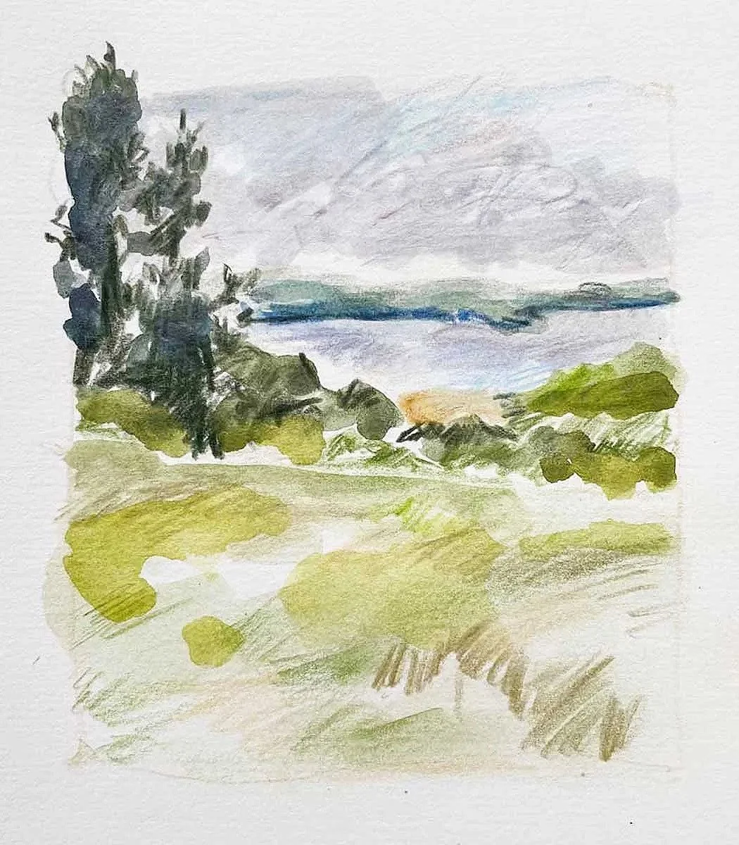 A watercolor painting of a landscape scene with trees, greenery, a body of water, and a cloudy sky in the distance.
