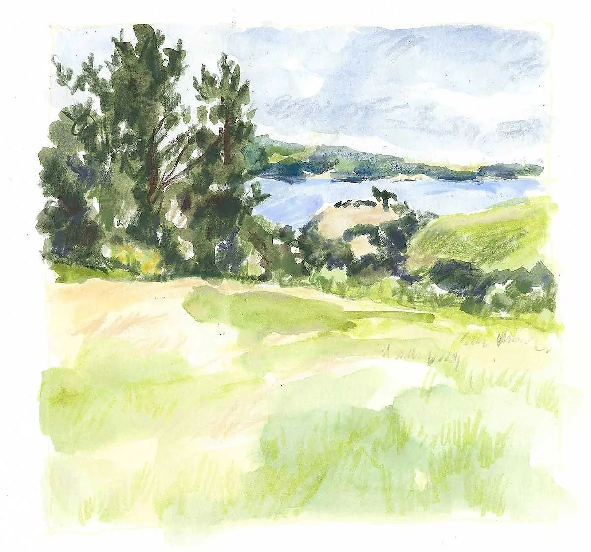 Watercolor painting of a landscape with green grass, trees, rolling hills, and a body of water under a cloudy sky.