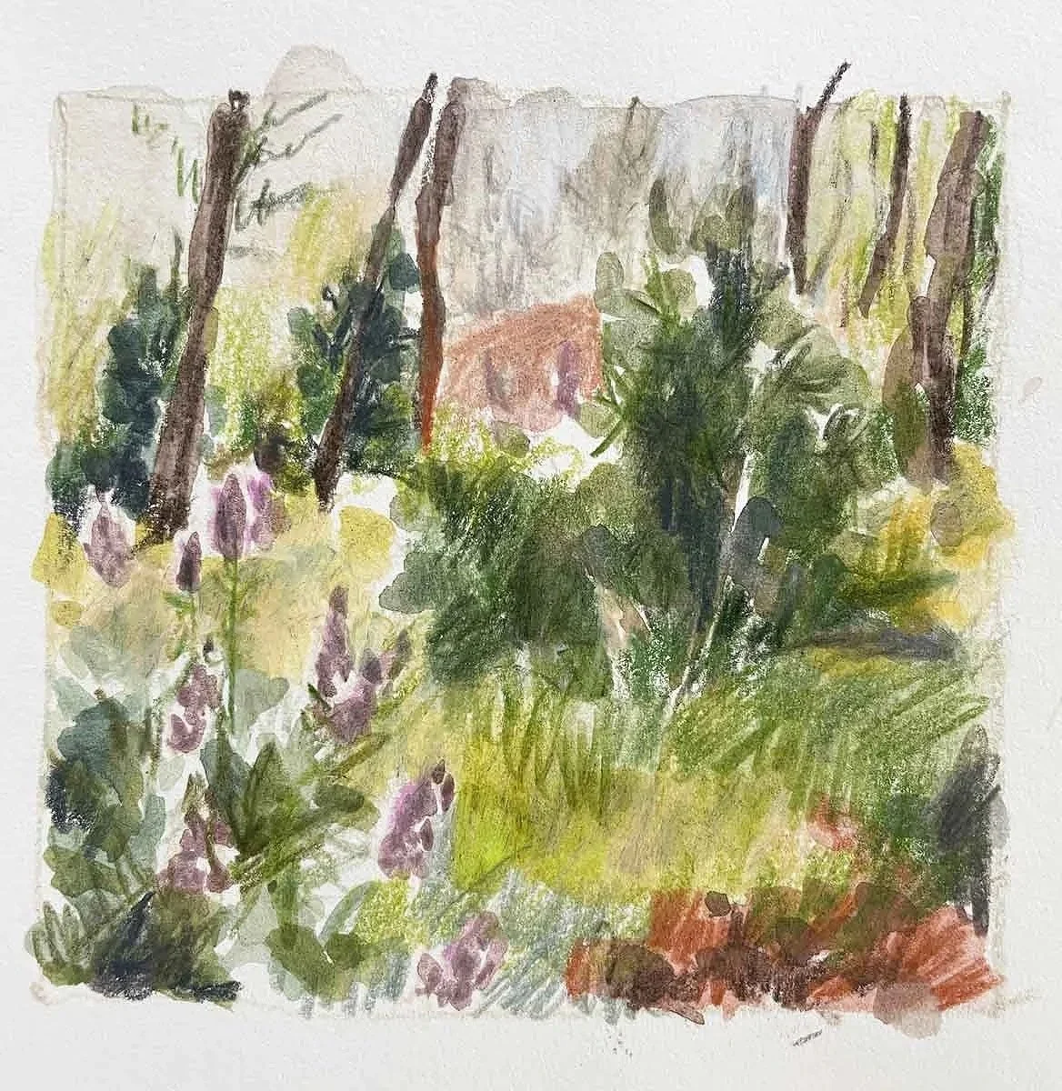 Watercolor painting of a garden scene with trees, bushes, and purple flowers, and a building in the background.