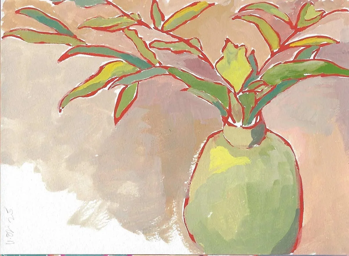 A painting of a green vase with a plant that has multicolored leaves, some green and yellow, with a pinkish-beige background.