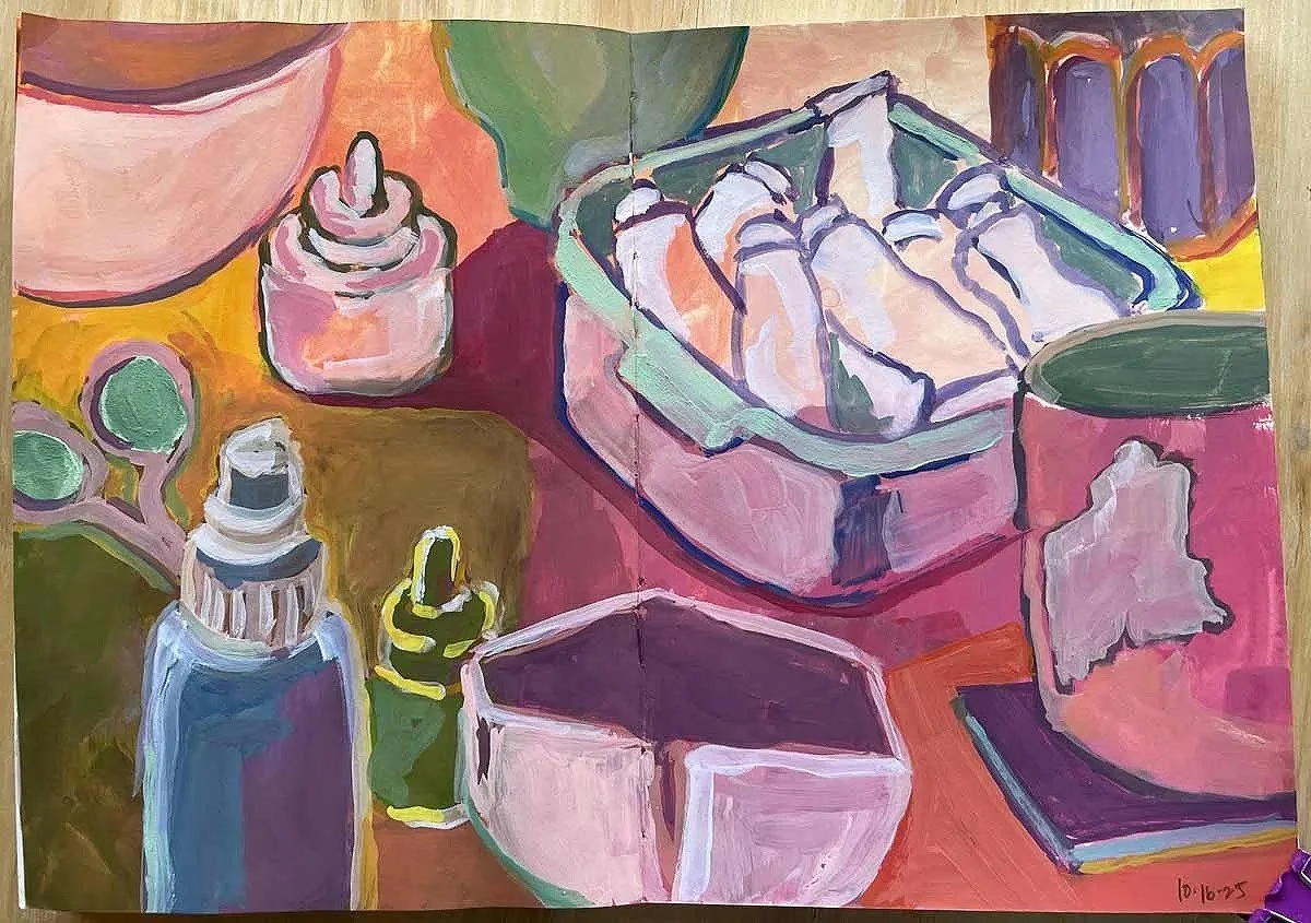 A colorful painting of a kitchen countertop with various items including ink bottles, a mug, a bottle, and a container filled with paint tubes, depicted in bold brushstrokes and vibrant colors.