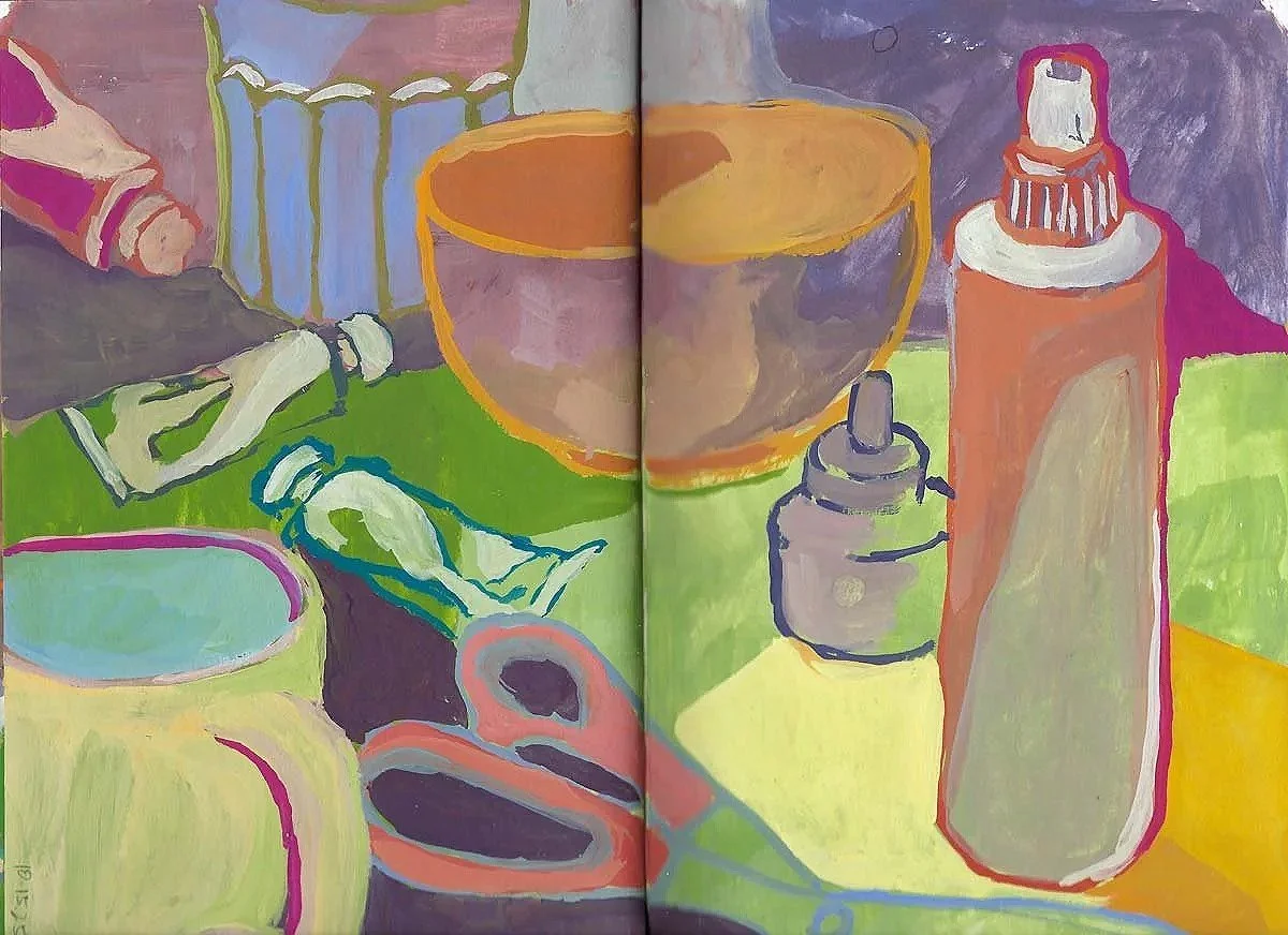 Colorful painting of tableware including bowls, bottles, and jars on a green surface with a purple background.