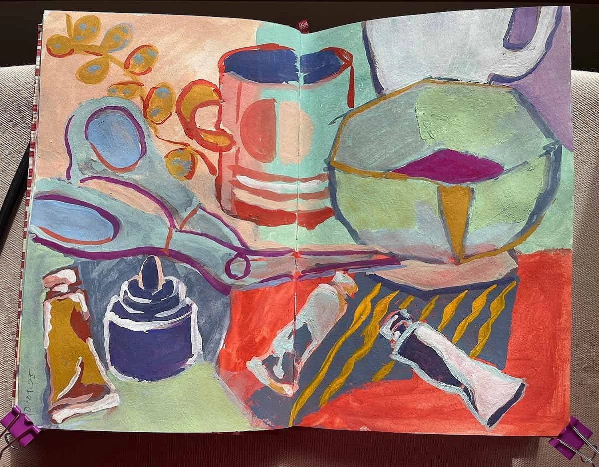 Colorful abstract painting of various objects including a pair of scissors, a spray bottle, a large round container, a cup, and a tube, with bold brushstrokes and vibrant colors.