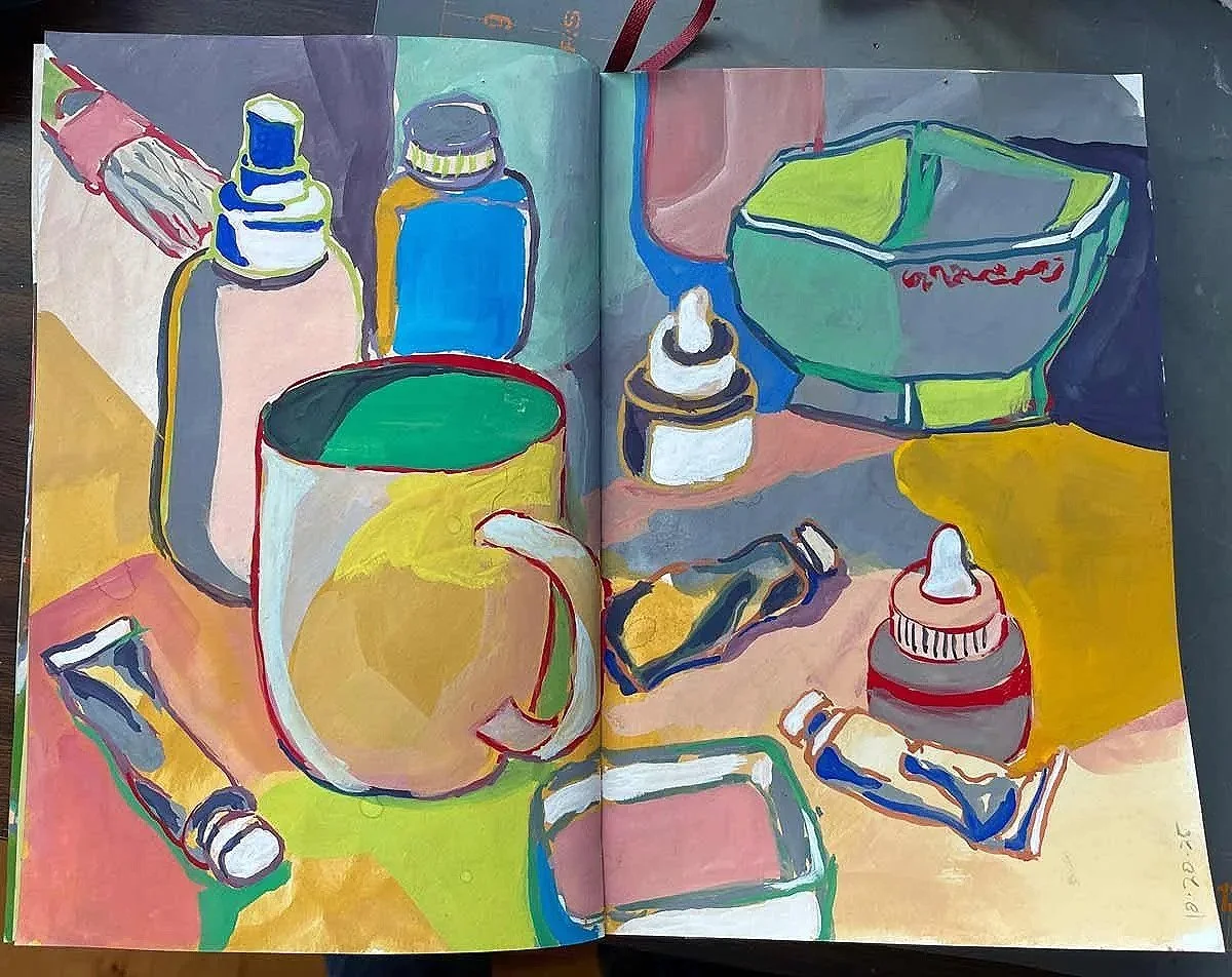Colorful painting of various containers and tubes on a table, including bottles, a mug, a jar, and a box, with bold outlines and bright colors.