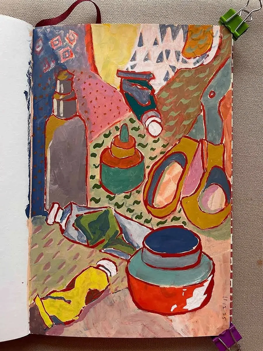 Colorful abstract painting of various household items on a table, including bottles, jars, a pair of scissors, and a yellow object, with a background pattern and some shapes.