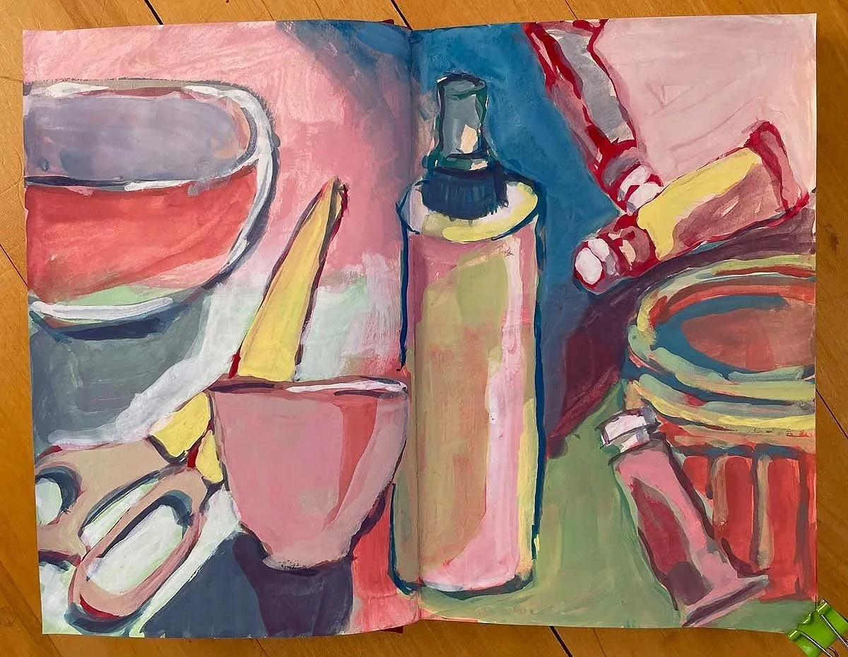 A colorful painting of various household items on a table, including a cup, scissors, spray bottle and tubes of paint
