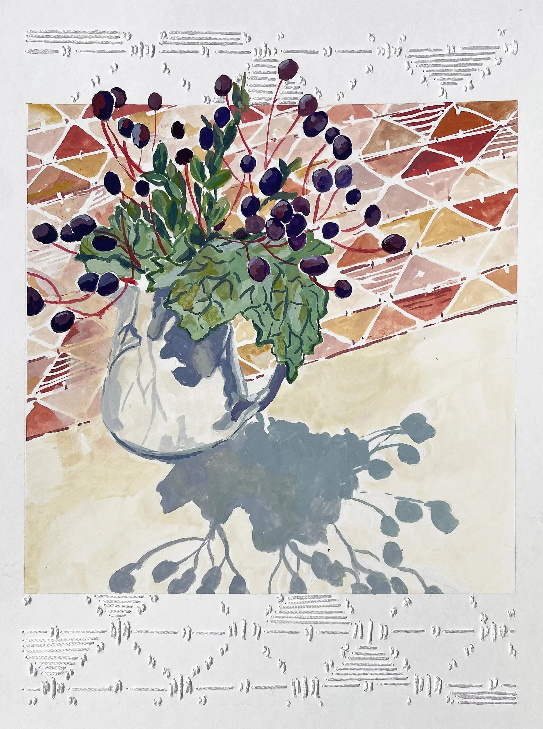 BLUE BERRIES WITH RED STEMS, 2026, Gouache & stitching on paper, 9.5x7in.