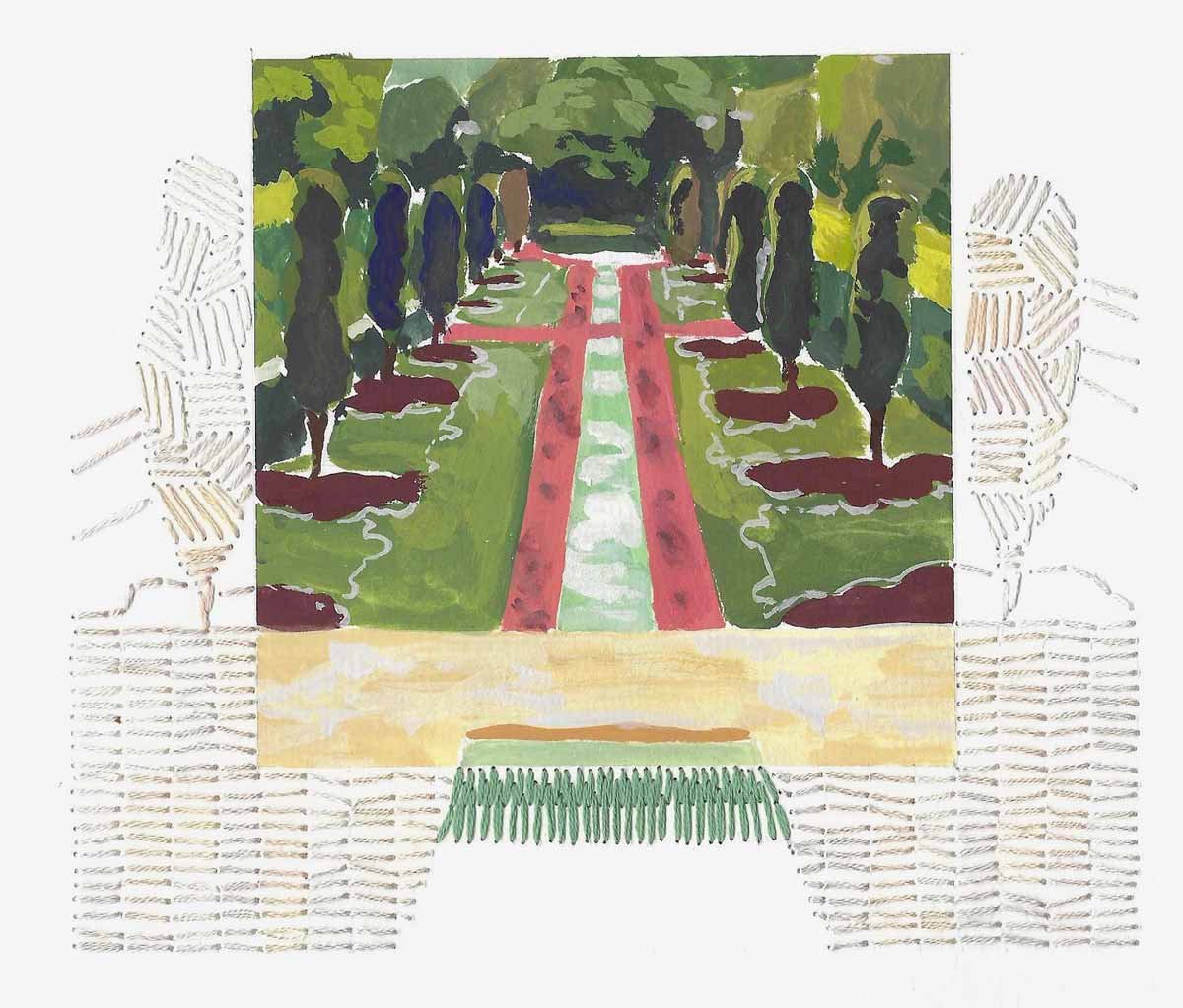 SHANGRI-LA, 2026, Gouache & stitching on paper, 5x6.25in.