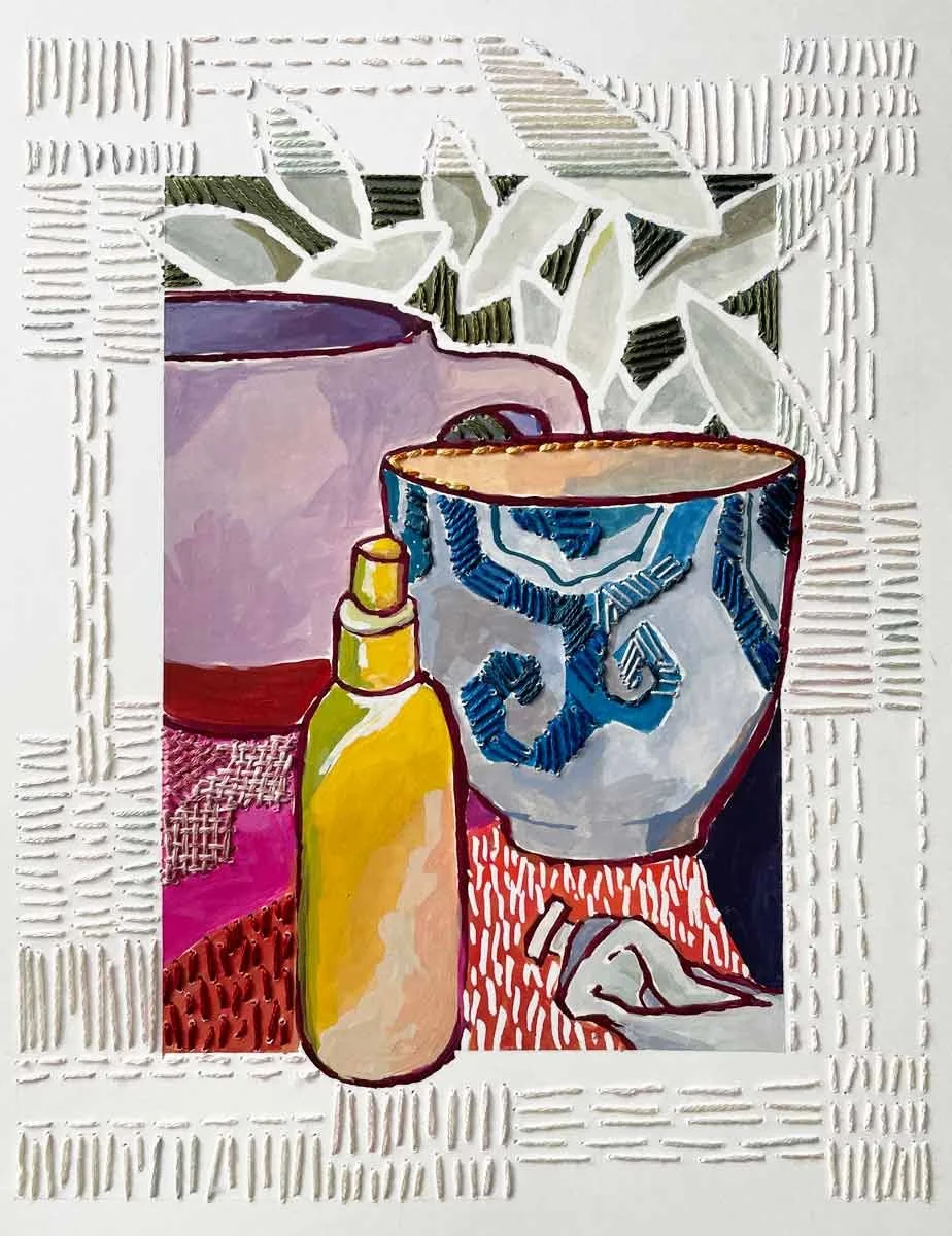 HOLDING SUBSTANCE, 2026, Gouache & stitching on paper, 8.5x6.5in.
