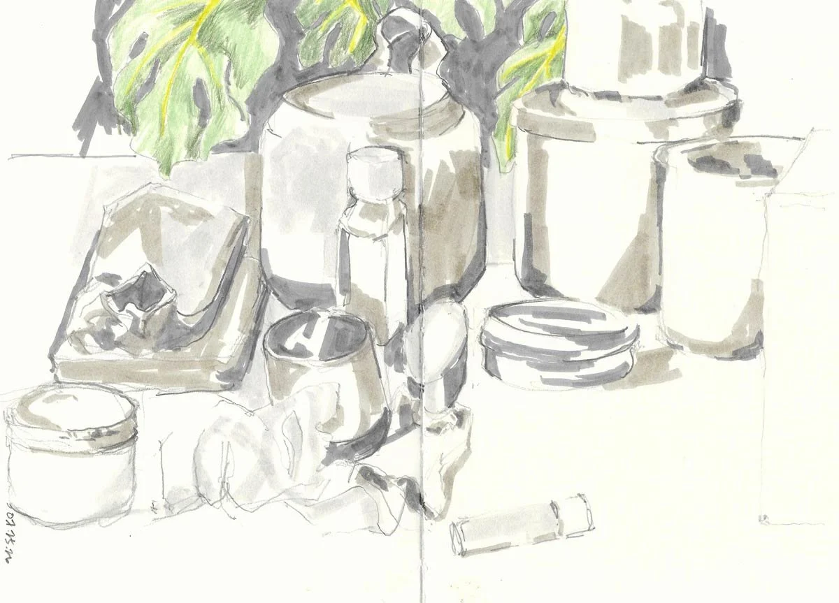 A sketch of jars and candles on a coffee table with a monstera plant in the background