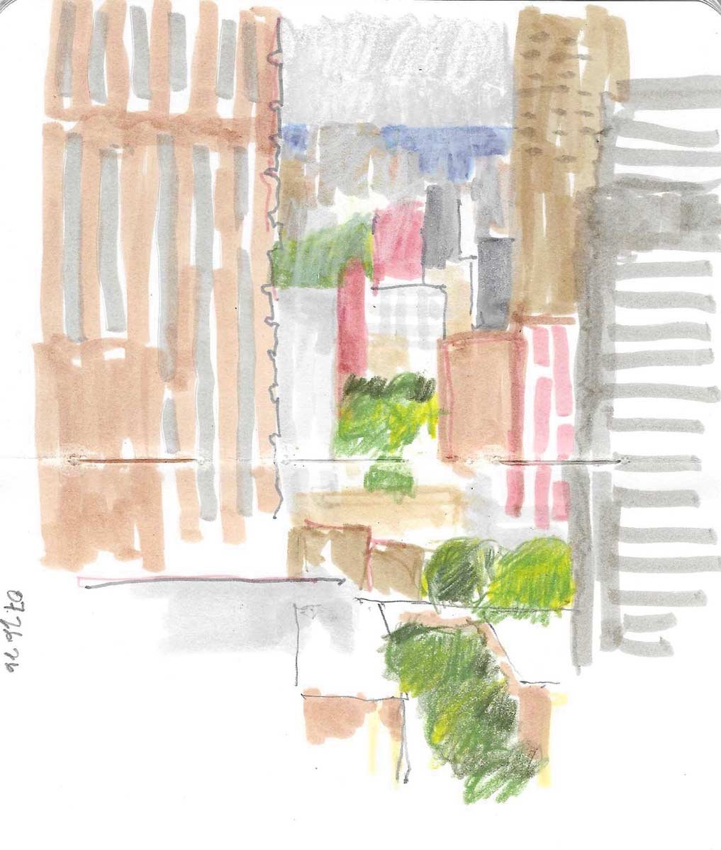 A basic sketch of the Chicago landscape reminiscent of a patchwork quilt