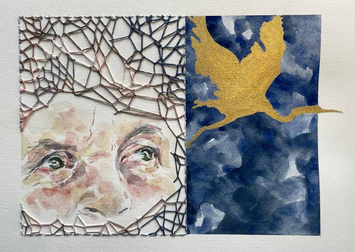 GREAT BLUE ・Watercolor & knotless netting on paper, 6x8in., 2025