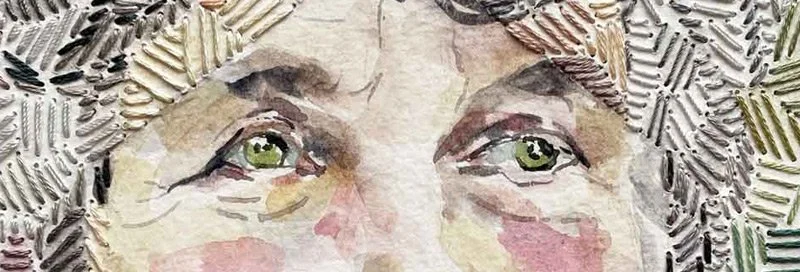 Close-up watercolor painting of a person's eyes and eyebrows surrounded by textured, patterned background
