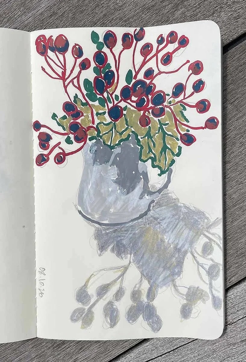 Sketchbook Blue Berries in Vase