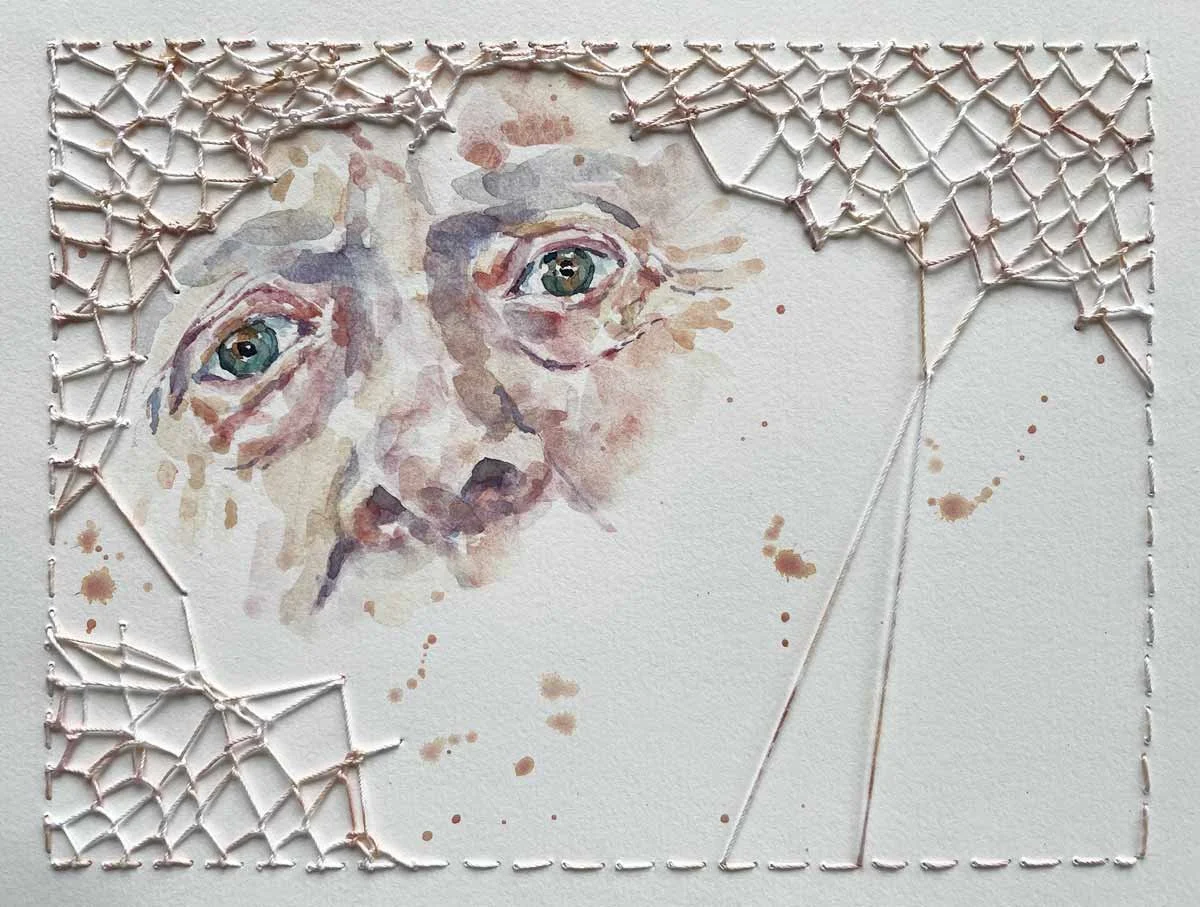 UNRAVELING ・Watercolor & knotless netting on paper, 6x8in., 2025