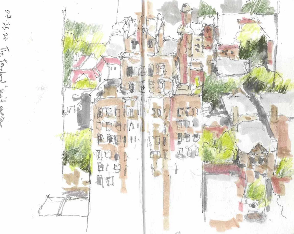 A sketch of buildings and trees looking down from the 29th floor in Chicago