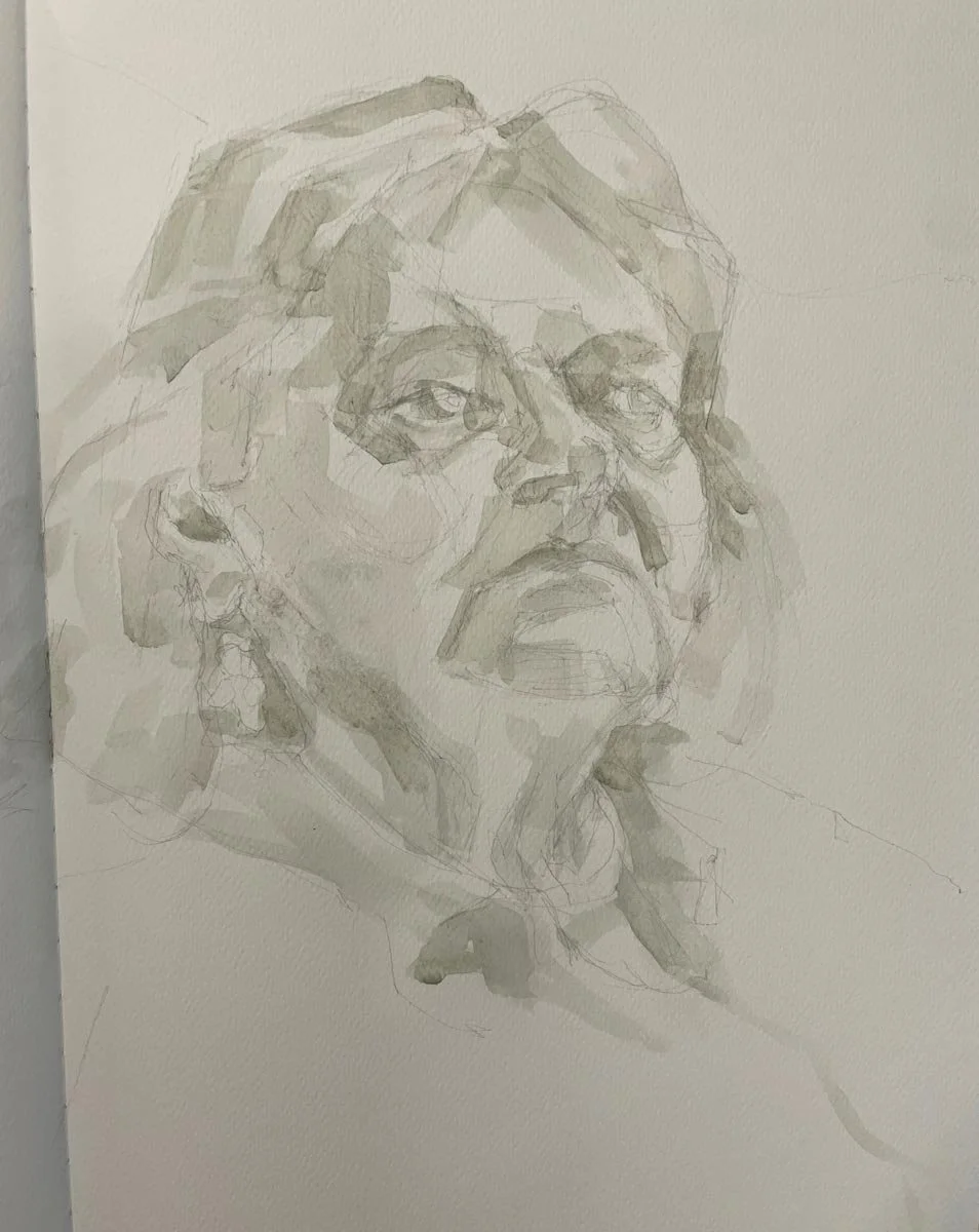 Stage 1, watercolor portrait of woman