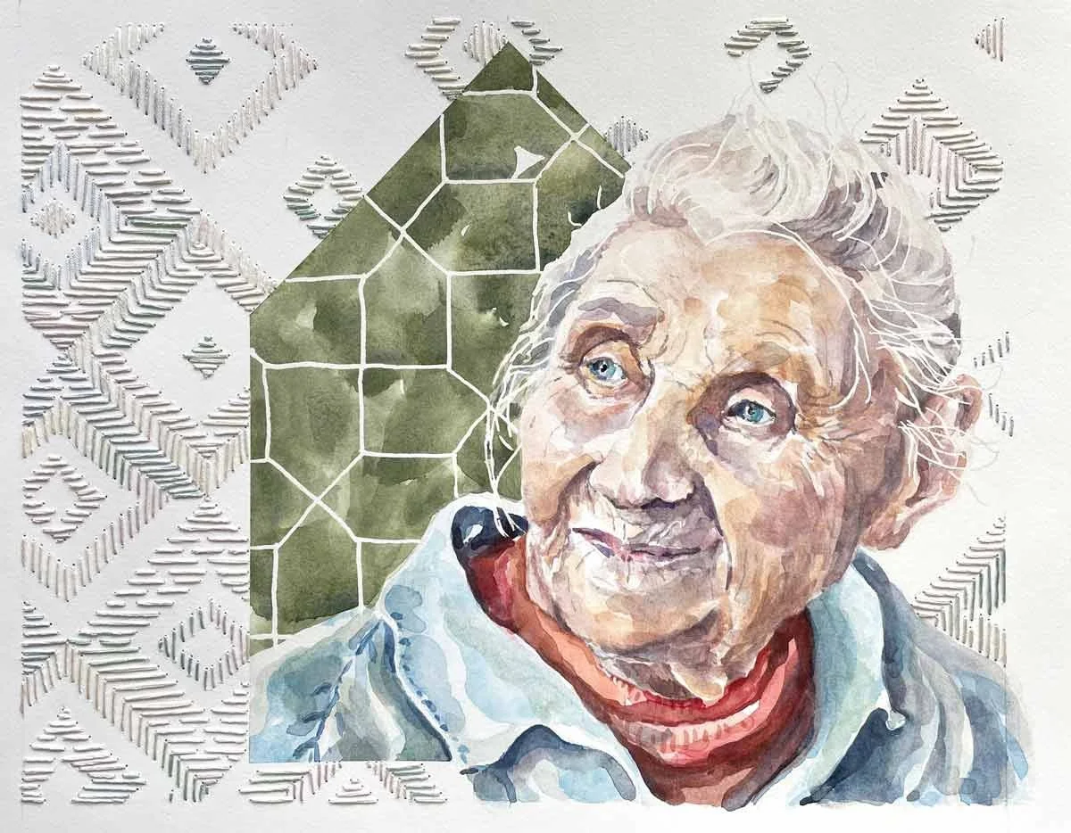 Watercolor and embroidered portrait