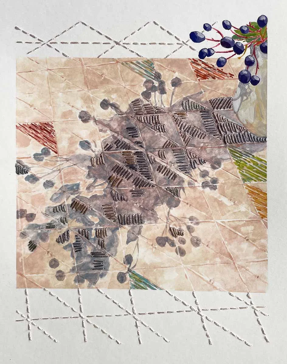 Shadow Quilt Gouache and stitch by Elizabeth Fram