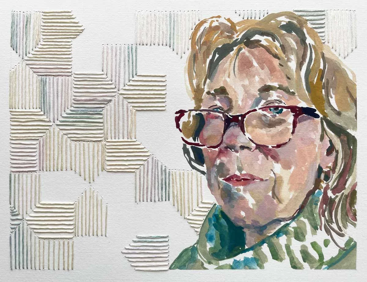 SELF-PORTRAIT, 2026, Gouache & stitching on paper, 6x8in.