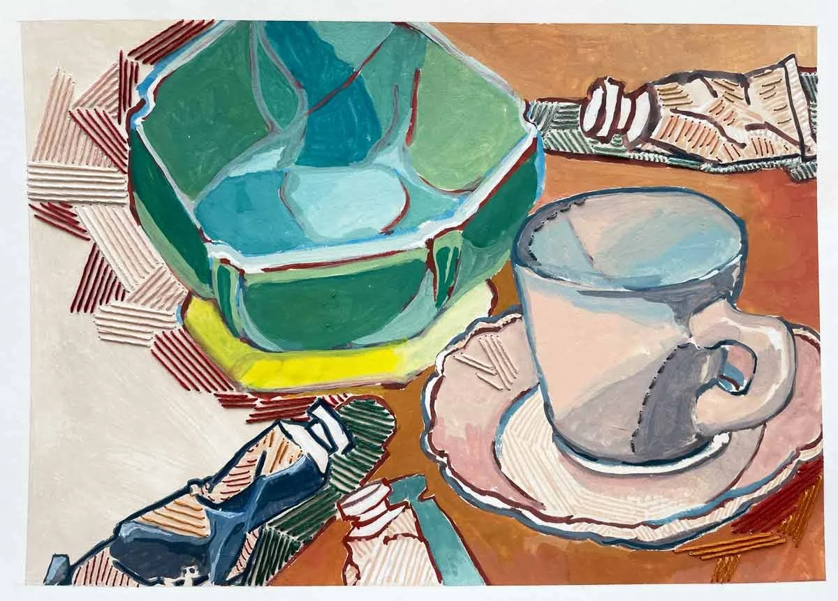 TURQUOISE BOWL, 2026, Gouache & stitching on paper, 7x10in.