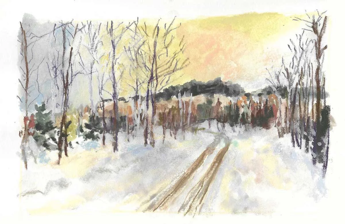 Watercolor painting of a winter landscape with snow-covered ground, trees without leaves, and a partly cloudy sky.