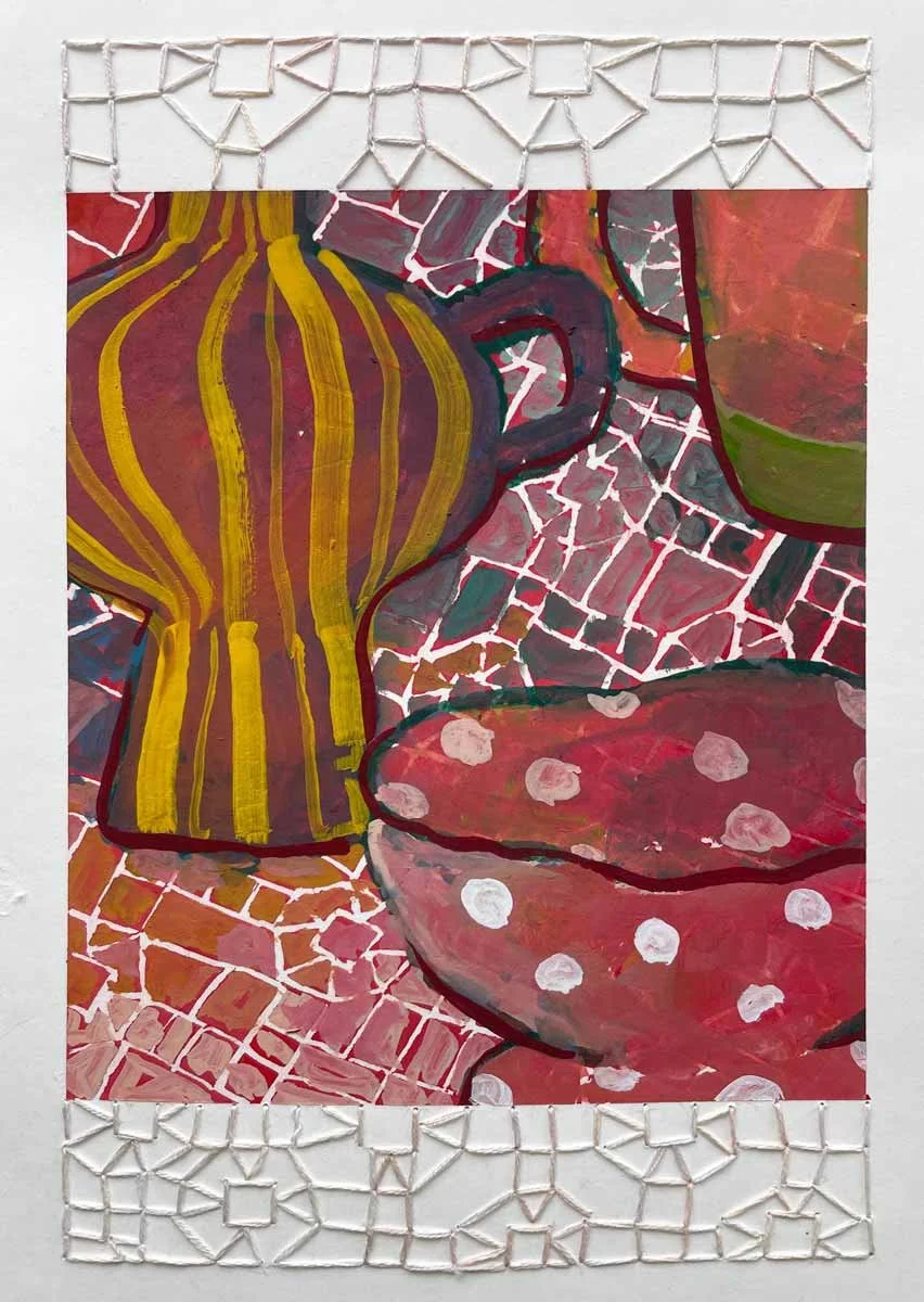 3 VESSELS, 2026, Gouache & stitching on paper, 8x4.5in.