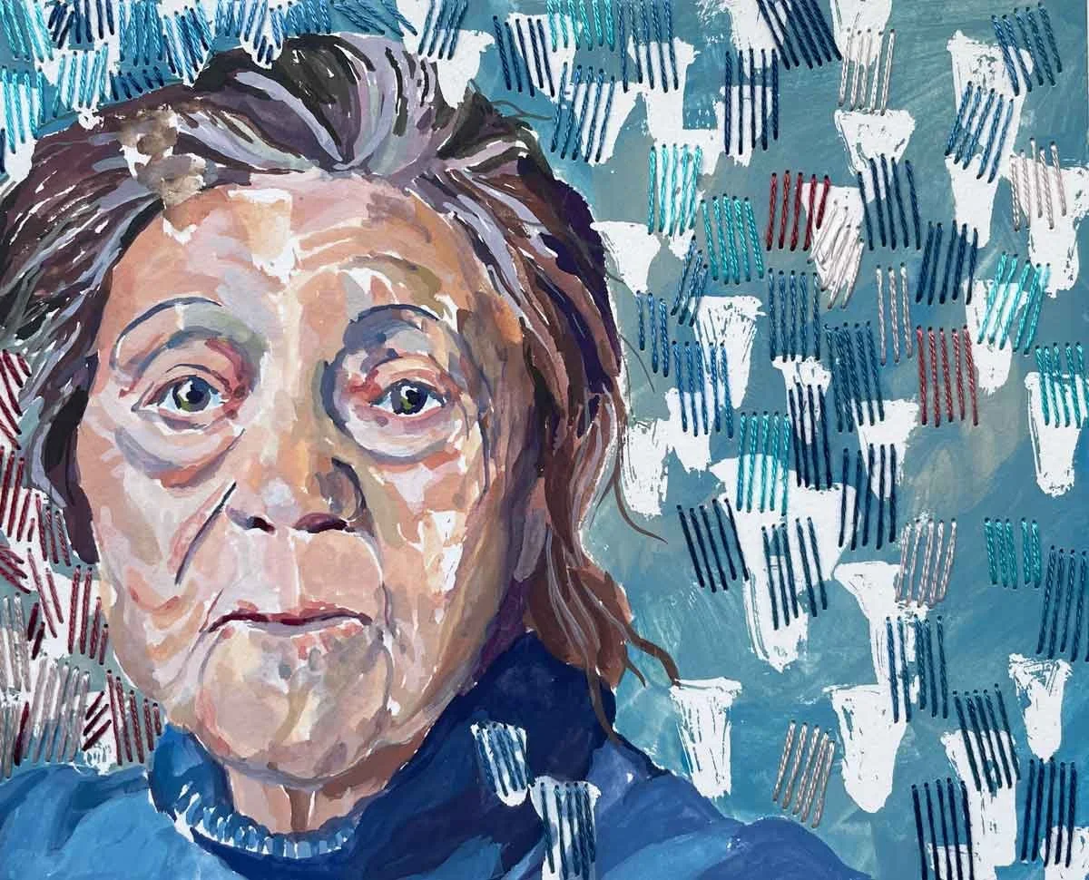 BLUE TURTLENECK, 2026, Gouache & stitching on paper, 5.25X6.5in. 