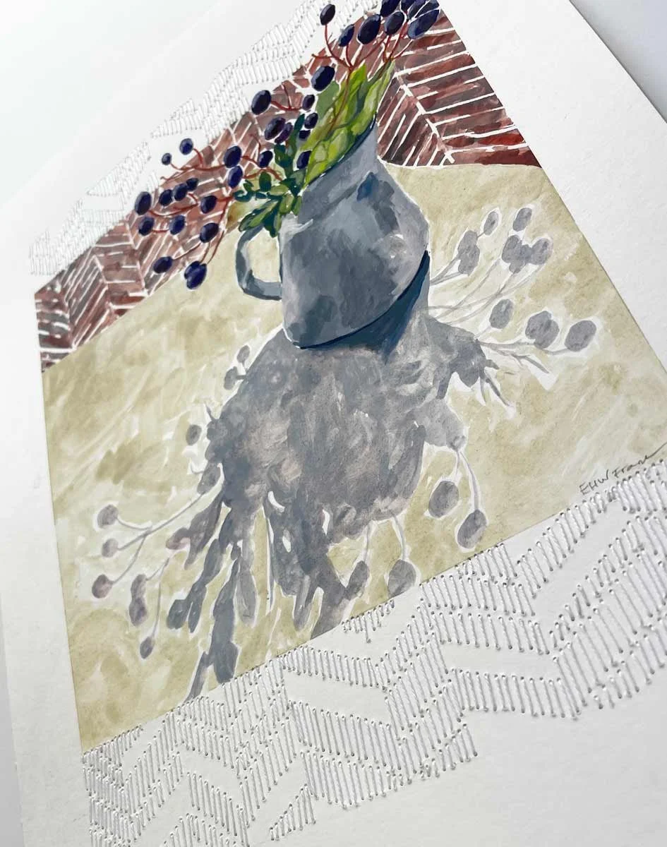 Zigging Zag, Gouache and stitch by Elizabeth Fram