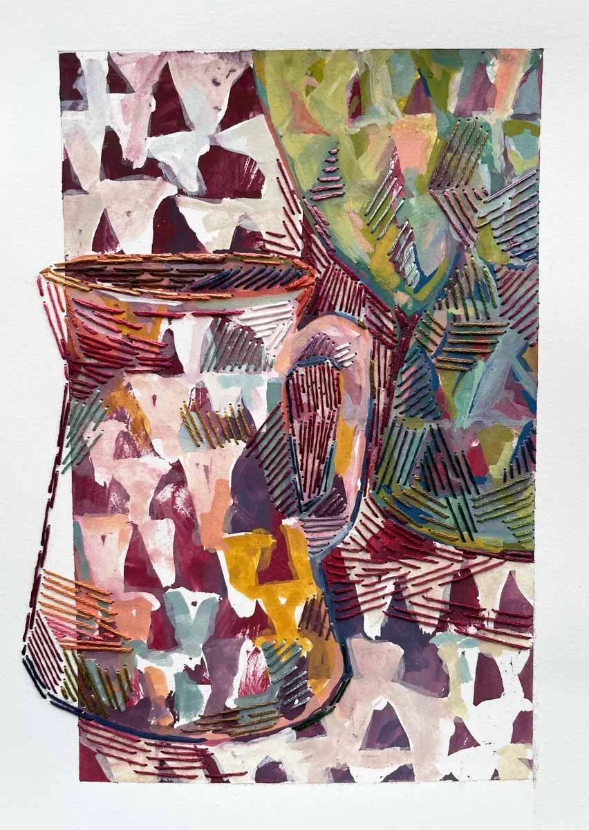 JUG & VASE, 2026, Gouache & stitching on paper, 7.75x5.5in.