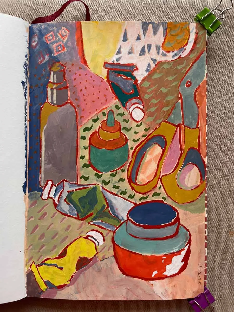 A colorful abstract still life painting of various objects on a table, including bottles, a jar, scissors, a small bottle, and other miscellaneous items, with a patterned background.