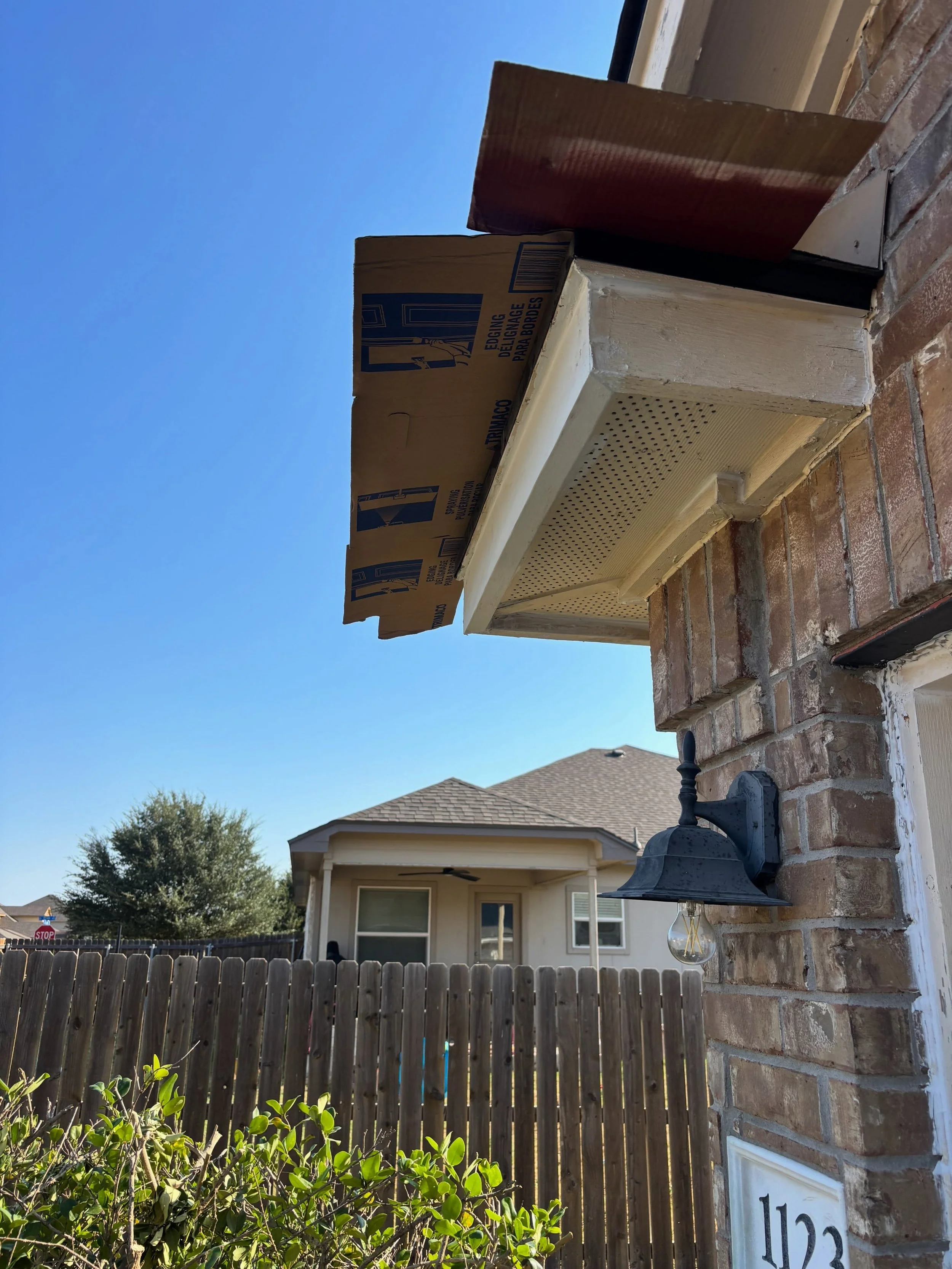 That&rsquo;s not a new awning we&rsquo;re building onto your house! Those cardboard shields are roof protection. Overspray on the roof is not only tacky, it&rsquo;s a sign of a lack of professionalism. Our exterior check list requires or painters to 