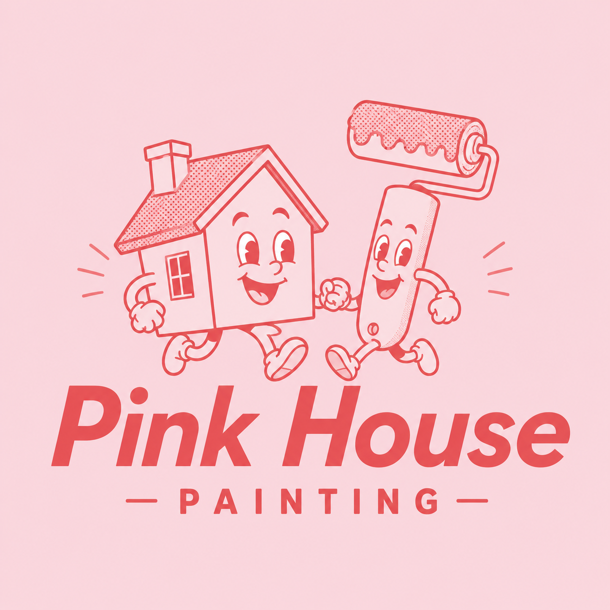Cartoon of a smiling house and paint roller holding hands, with the text 'Pink House Painting' below.