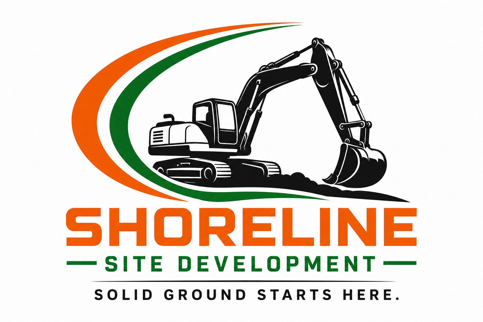 Logo for Shoreline Site Development featuring a black excavator with green and orange swooshes, and the text 'Shoreline Site Development' with the tagline 'Solid ground starts here.'
