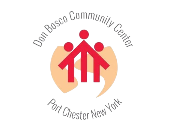 Logo of Don Bosco Community Center in Port Chester New York featuring three stylized human figures with circle heads and an orange background.