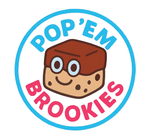 Logo featuring a cartoon brookie with glasses, surrounded by the text Pop 'Em Cookies in colorful letters.