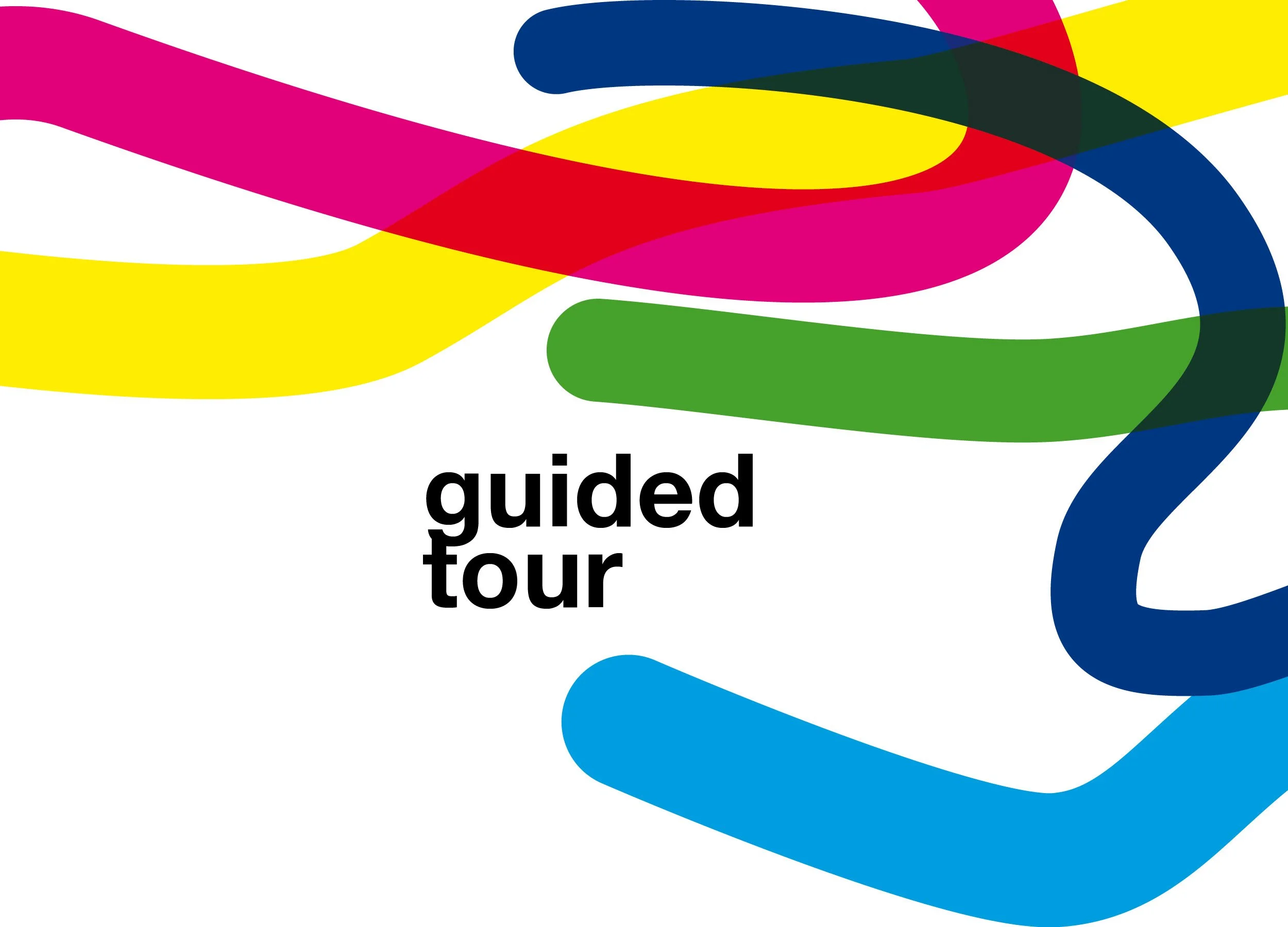 Farbenfrohes, abstraktes Design mit bunten Linien und Kurven, darunter deutscher Text 'güded tour'.