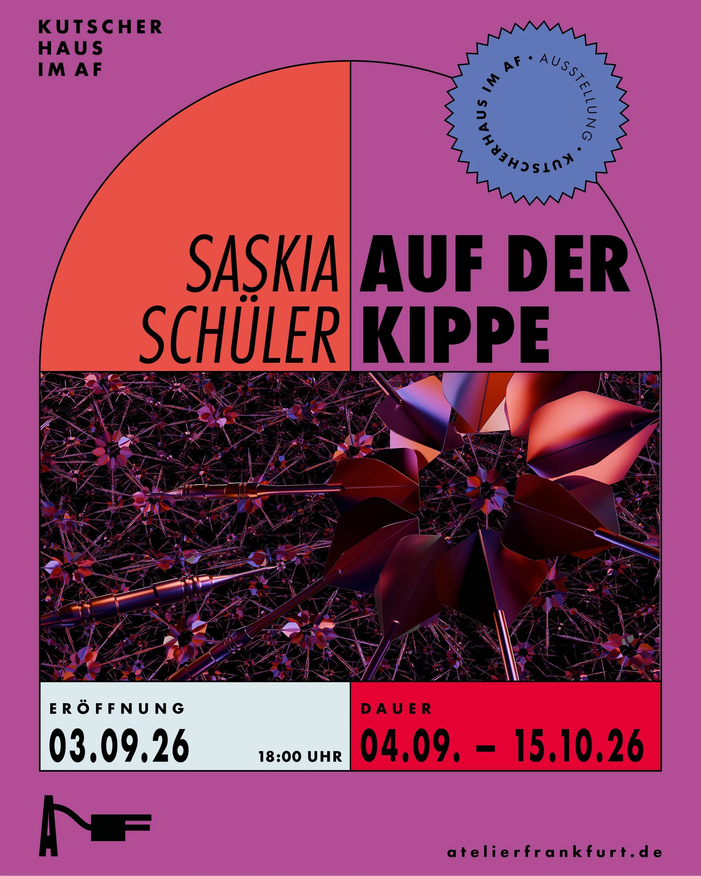 Ausstellung „Auf der Kippe“ von Saskia Schüler im Kutscher Haus des ATELIERFRANKFURT in Frankfurt am Main, vom 3. September bis 15. Oktober 2026.