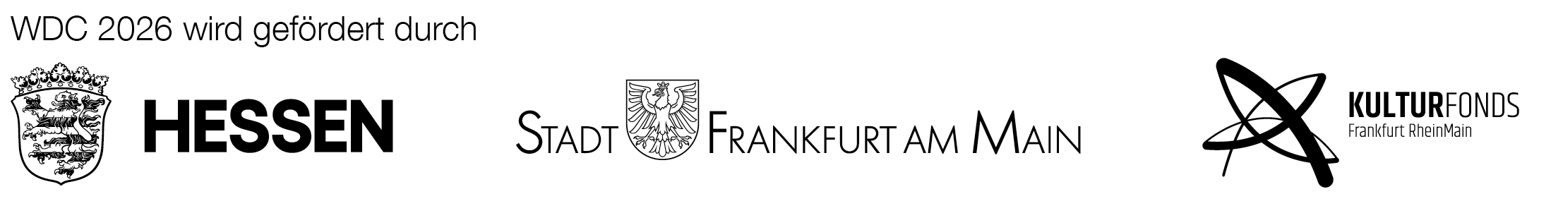 Text und Logos, die sagen, dass die WDC 2026 durch Hessen, die Stadt Frankfurt am Main und das KulturFonds Frankfurt RheinMain gefördert wird.