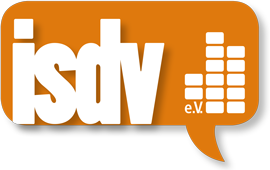 Logo der Organisation isdv e.V. in Orange, Schwarz und Weiß