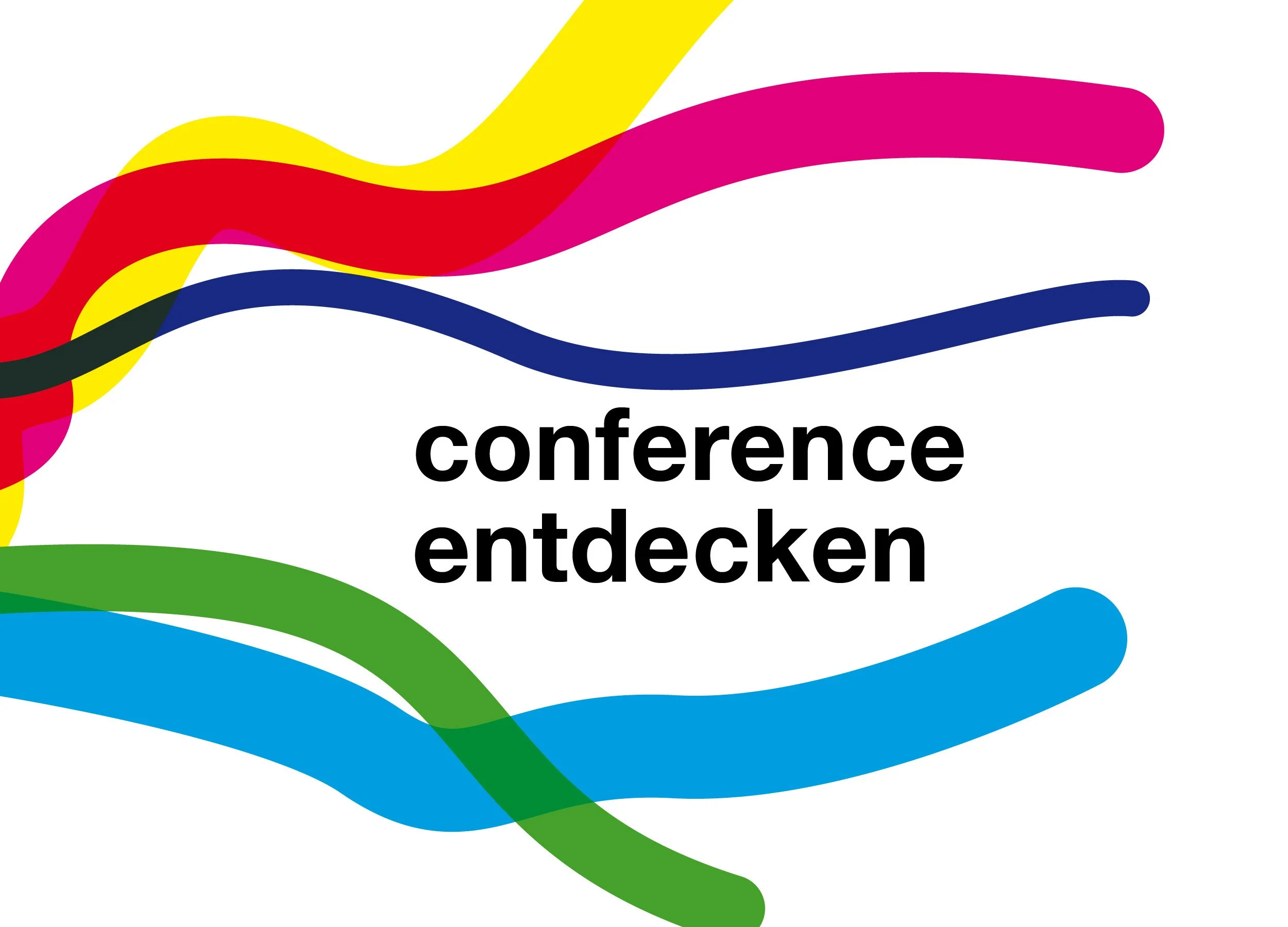Farbige Linien, die sich kreuzen, begleitet von dem deutschen Text 'conference entdecken'.