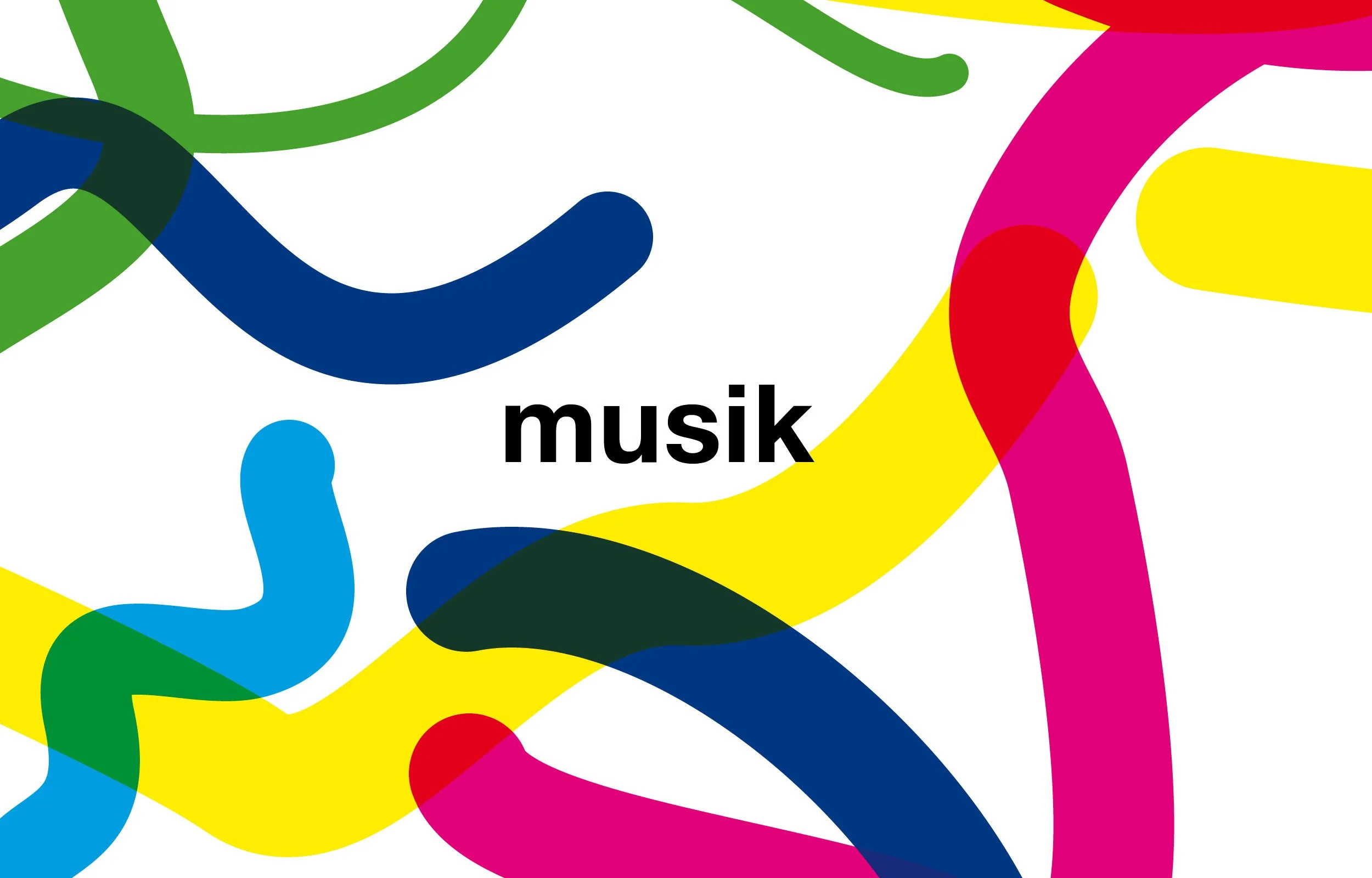 Buntes abstraktes Design mit vielen turbulenten Linien und Formen, sowie dem Wort 'musik' in der Mitte.